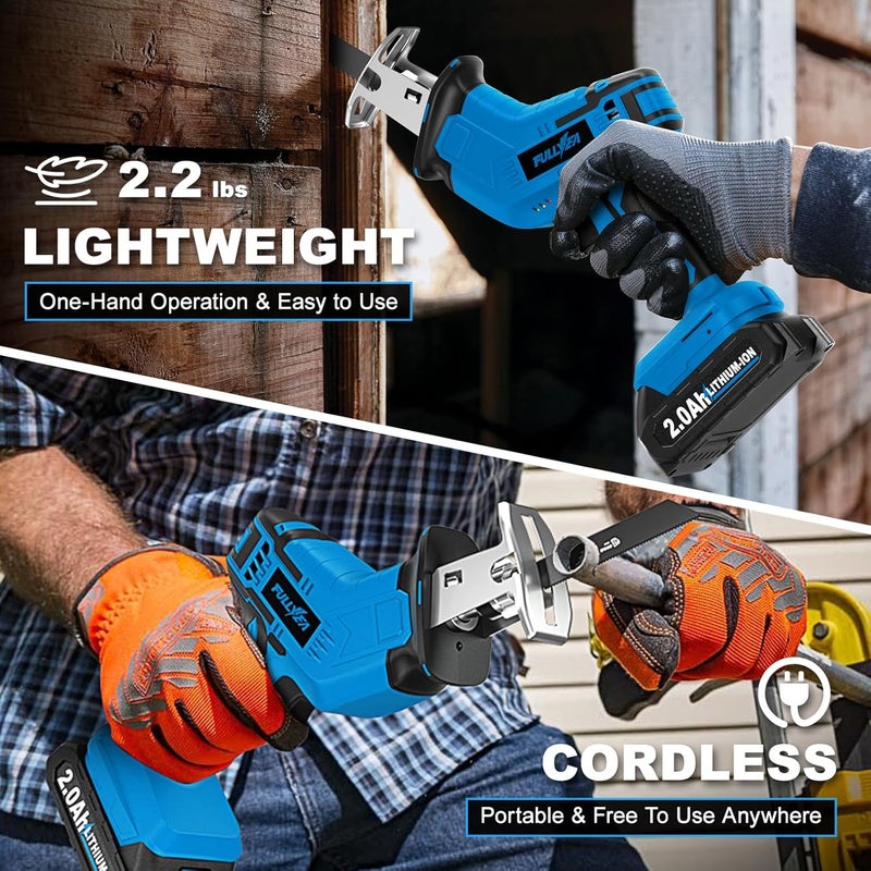 FULLYEA Cordless Reciprocating Saw, 3500 RPM Electric Saws with 4 Blades & 2 Batteries, Tool‑Free Blade Change, Handheld Saw Lightweight, Battery Reciprocating Saws for Cutting Wood PVC Pipe (Blue) - Image 3
